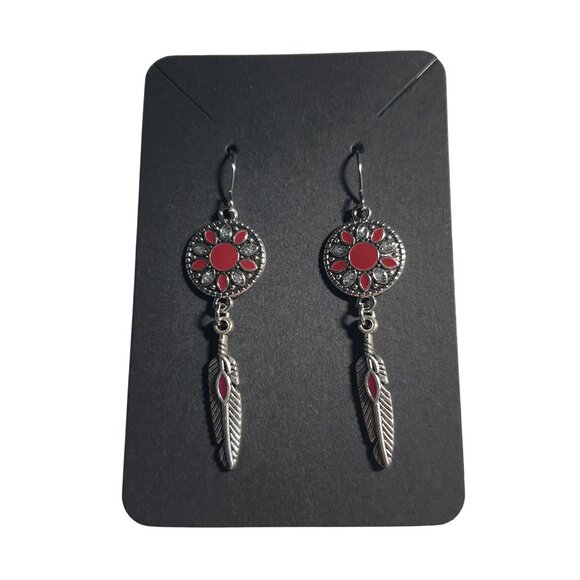 Vintage Style Silver Tone Red Feather Dangle Earrings Southwestern Boho Chic - Picture 2 of 5
